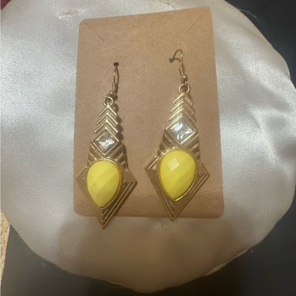 Gold and Yellow /Rhinestone Geometric Earrings-